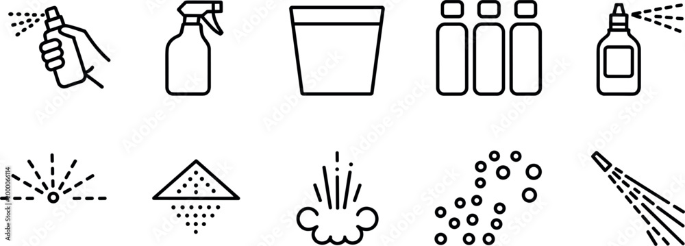 Obraz premium Minimalist black line icon set for spray bottles, cleaning products, aerosol cans, water mist, garden sprinklers, liquid splashing, and irrigation systems for sanitation and agriculture.