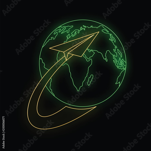 Paper plane sending messages across the neon green globe, symbolizing global communication
