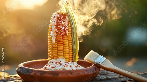 Grilled elote Mexican street corn with creamy white sauce, red chili powder and cotija cheese in rustic clay bowl with basting brush at golden hour