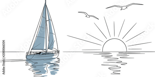 Canvas Print Sailing boat on the sea at sunset with seagulls, continuous line drawing of yach