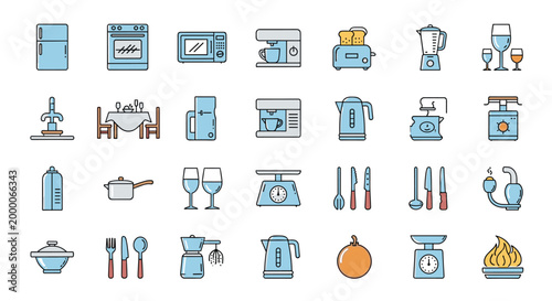 set of colorful kitchen appliance and utensil icons includes a refrigerator, oven, toaster, blender, and various cooking tools.