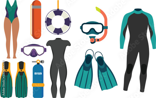 Scuba diving and water safety equipment collection, professional snorkeling gear set with wetsuits, oxygen tank, lifebuoy, and flippers flat vector illustration