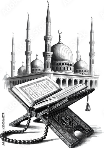 Quran on wooden rehal stand with prayer beads and mosque background, Islamic religion and Ramadan Kareem concept vector illustration