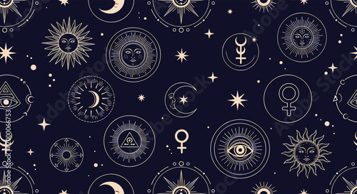 Mystical seamless pattern with esoteric symbols like suns, moons, eyes, stars, and planetary signs on a dark blue background.