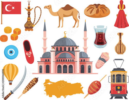 Turkey travel and culture icons set, traditional Turkish symbols with mosque, national flag, food, and landmark elements flat vector illustration