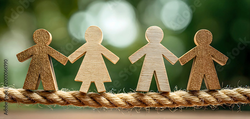 Four wooden cutout people holding hands on a rope symbolizing unity and teamwork in a natural setting with soft focus background and warm lighting