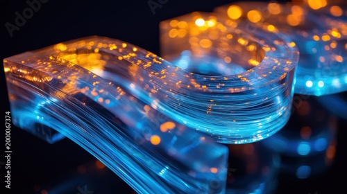 Fiber path detail flowing blue light trails spiraling through transparent resin materials captured with macro photography showcasing internal fiber structures