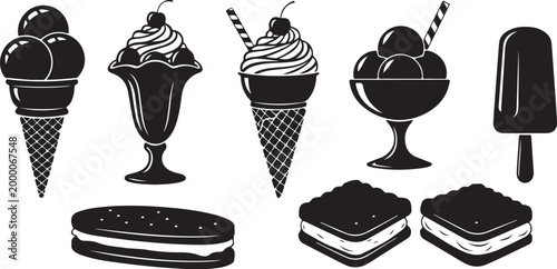 Black and white of various ice cream treats and sandwiches