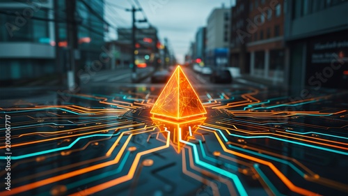 Futuristic digital pyramid on city street with glowing circuit network technology concept