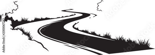 Black asphalt road with grassy edges and white lines