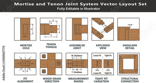 Mortise and tenon vector icons set, top view woodworking layout symbols, mortise hole, tenon tongue, alignment, structural fit CAD design