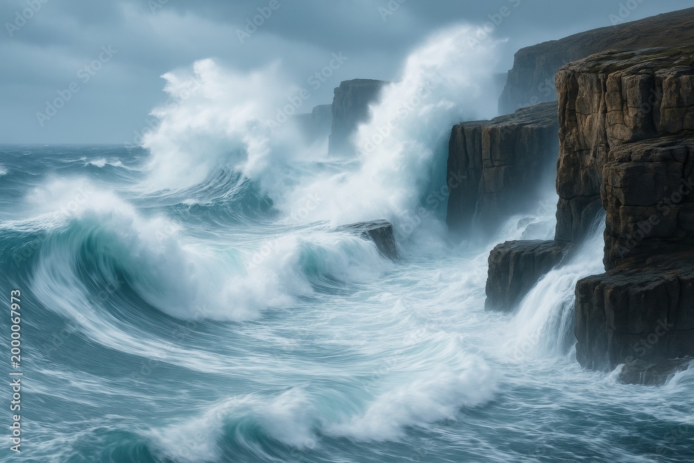 Fototapeta premium Powerful ocean waves crashing against tall rocky cliffs under moody sky with misty spray and turbulent water in dramatic coastal scenery. Ai generative