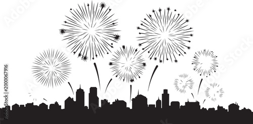 Black city skyline with fireworks exploding silhouette