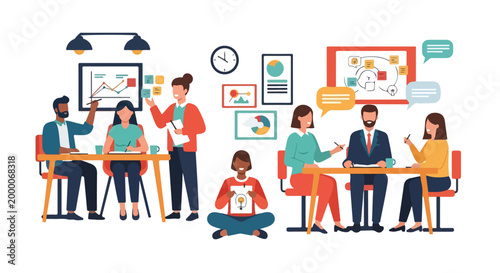 Diverse team of professionals collaborating in a dynamic office space using charts, whiteboards, and sticky notes for strategic brainstorming.