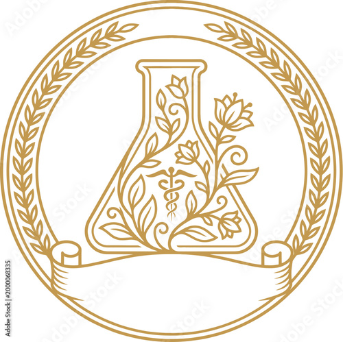 Luxury Medical and Pharmacy Gold Vector Emblems feature Botanical Beaker Design Elements