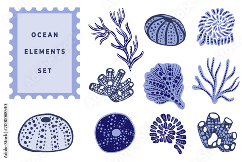 Collection of ocean botanical elements with corals and sea shells in dotwork stipple style. Hand drawn vector illustration set for marine-themed branding