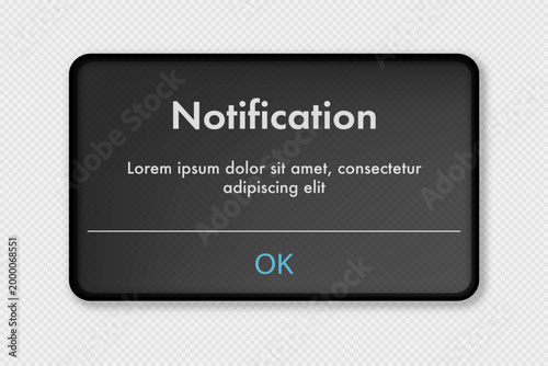 Notification popup alert ui interface window glassmorpism with button ok for app, mobile reminder, web, phone vector