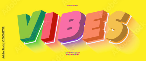 Vibes font trend 3d bold coloful style for summer party poster, t shirt, flyer, decoration, card, sale banner, printing on fabric, industrial. Cool typeface. Trendy alphabet