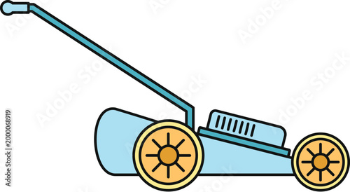 Blue push lawn mower icon representing garden maintenance work