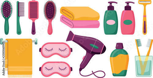 Personal Care and Bathroom Accessories Set with Hair Dryer, Towels, Brushes, Skincare Bottles and Hygiene Essentials Isolated on White Background Vector Illustration