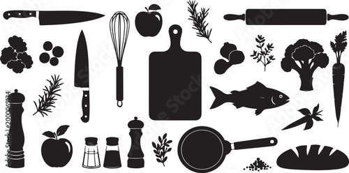 Black kitchen utensils and food on white background fruits