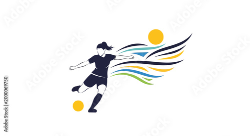 Dynamic Female Soccer Player Kicking Ball with Energetic Swirls.