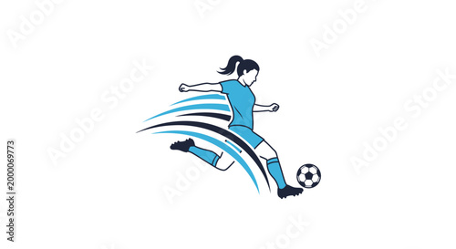 Dynamic Female Soccer Player Kicking Ball with Motion Lines.