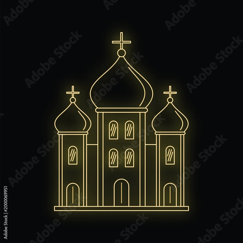 Eastern orthodox church icon radiating yellow neon light on a dark background