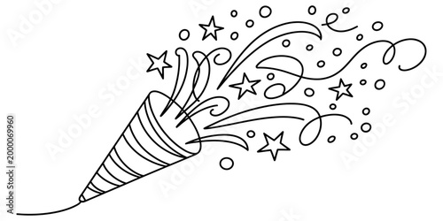 Hand drawn party popper doodle with confetti stars and streamers for celebration events and birthday party design elements Vector, illustration