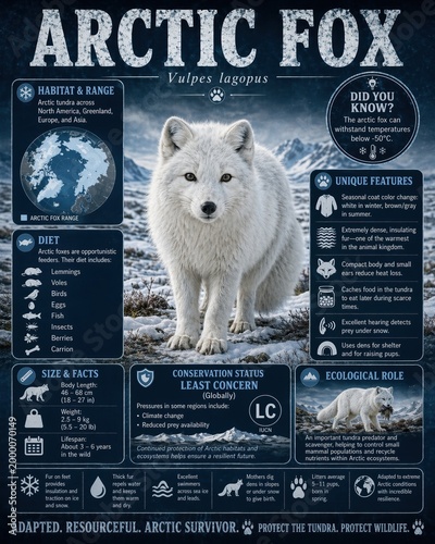 Information about Arctic fox, its habitat, diet, conservation status, and unique features across different regions, including facts about size and lifespan in a detailed format