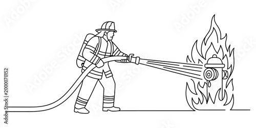 Brave firefighter in uniform using a water hose to spray and put out a fire burning on a metal street hydrant in a simple line art style Vector, illustration