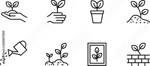 Plant Growth and Gardening Outline Icon Set with Seedling Care Watering Pot Soil Planting and Nature Cultivation Vector Design
