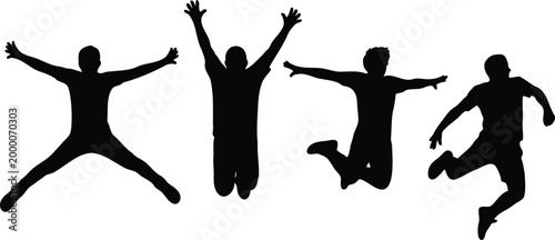 Four jumping people silhouettes in different poses on white background