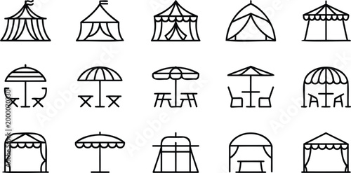 Line art icons of various outdoor canopies and umbrellas for shade