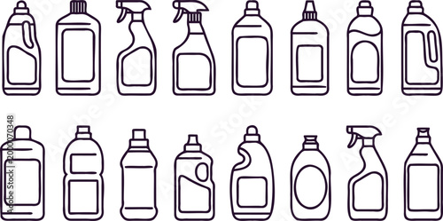 Line drawing various cleaning product bottles and sprayers icons set