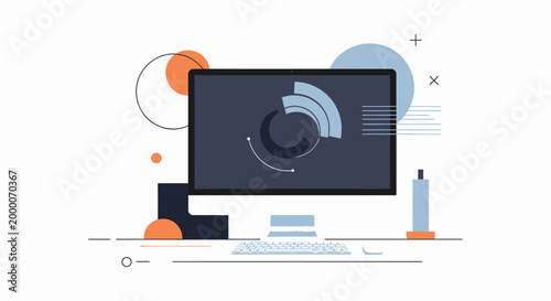 Modern computer setup with abstract data visualization on screen, flat design