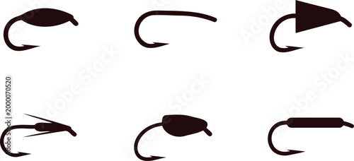 Six different fishing hook lures on white background  fishing equipment