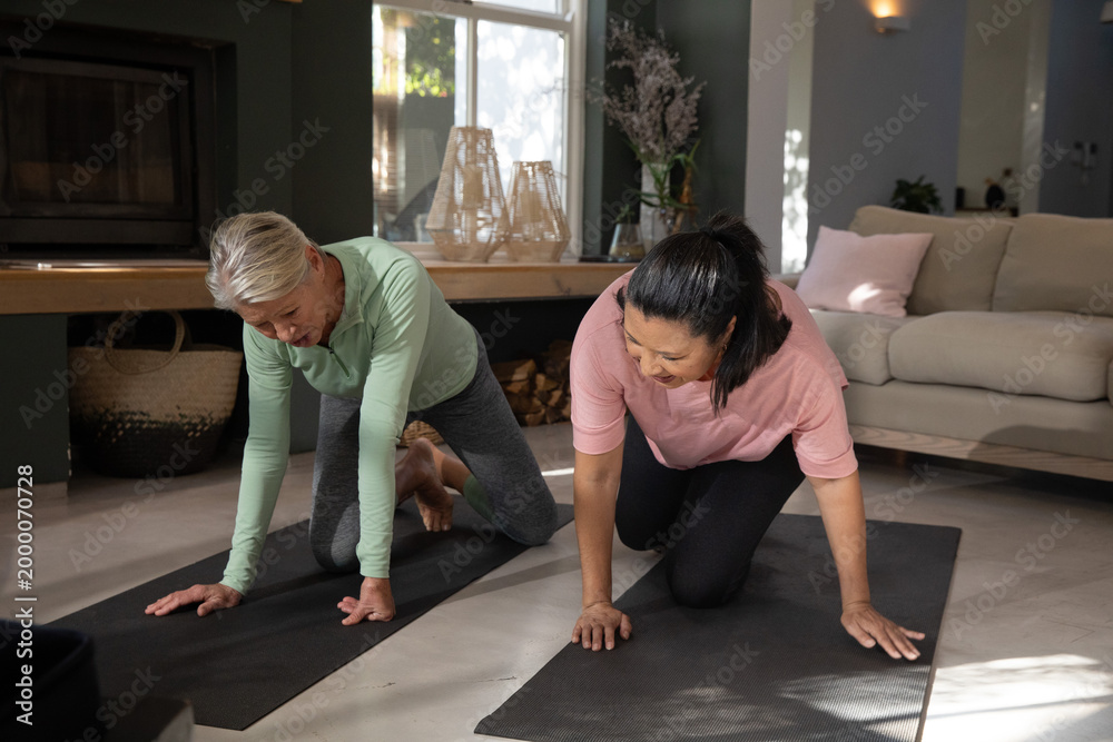 Obraz premium Diverse women practicing kneeling yoga on black mats in living room in green and pink tops