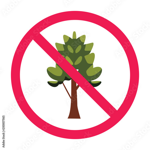 Forbidden sign with tree icon, no climbing trees sign, no cutting trees symbol, protected tree area icon, no damaging trees warning sign
