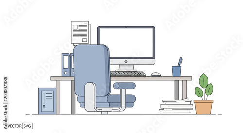 Modern Home Office Desk Setup with Computer, Chair, and Plant