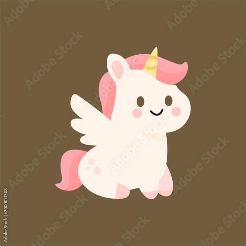 Cute Unicorn Cartoon Flat Illustration Kawaii Fantasy Baby Pony Character