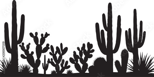 Black silhouette of various cacti and desert plants