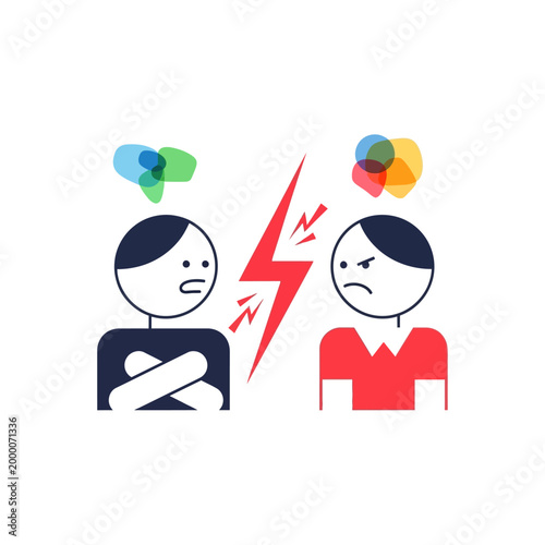 People arguing, conflict illustration with speech bubbles and lightning bolt