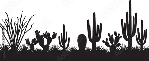 Black silhouette of various cacti and desert plants on grass