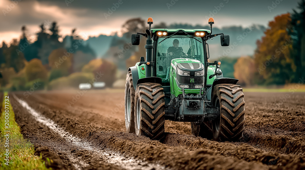 Obraz premium farmer driving tractor in field agriculture