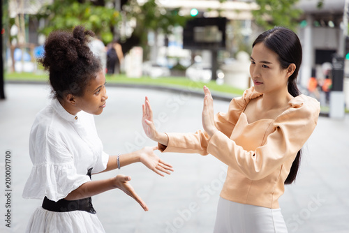 Bild auf Leinwand angry, upset, frustrated young woman arguing, African and Asian women arguing an