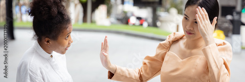 Konstfotografi angry, upset, frustrated young woman arguing, African and Asian women arguing an