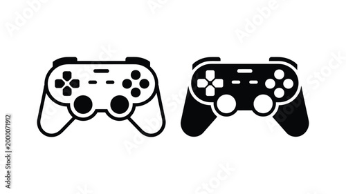 Gaming gamepad icon set, play station controller and joystick console with directional pad in flat and line vector style illustration.