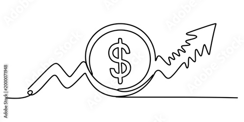 Continuous single line drawing of a dollar coin with a rising arrow representing financial growth and business success concept Vector, illustration