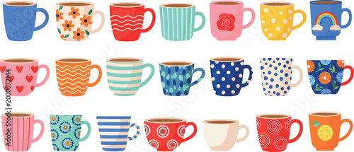 Vector Set of 20 Colorful Coffee and Tea Cups with Different Patterns for Kitchen, Beverage, and Food Illustrations